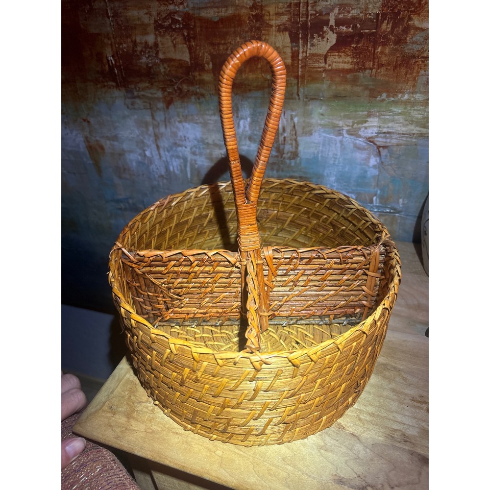 Pottery Barn Naturals Hand Woven Rattan Utensil Caddy Round Silverware Organizer